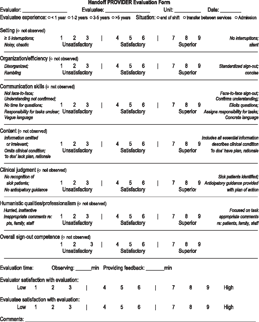Handoff Provider Evaluation Form