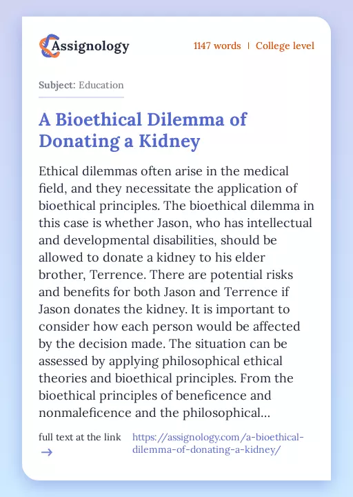 A Bioethical Dilemma of Donating a Kidney - Essay Preview
