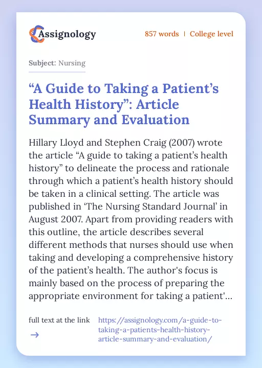 “A Guide to Taking a Patient’s Health History”: Article Summary and Evaluation - Essay Preview