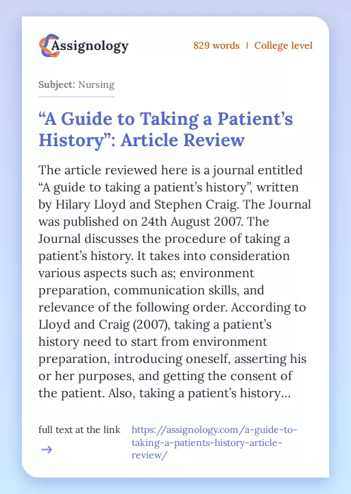 “A Guide to Taking a Patient’s History”: Article Review - Essay Preview