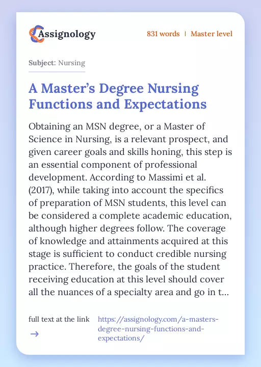 A Master’s Degree Nursing Functions and Expectations - Essay Preview