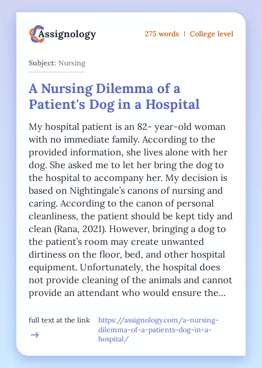 A Nursing Dilemma of a Patient's Dog in a Hospital - Essay Preview