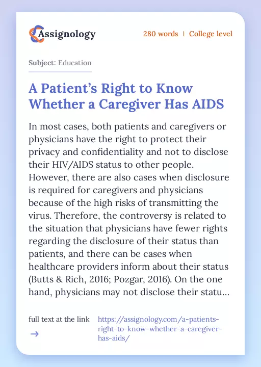 A Patient’s Right to Know Whether a Caregiver Has AIDS - Essay Preview