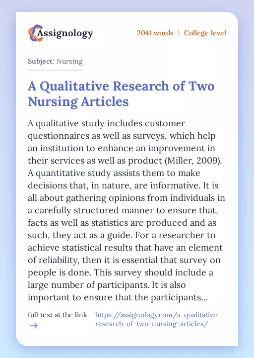 A Qualitative Research of Two Nursing Articles - Essay Preview