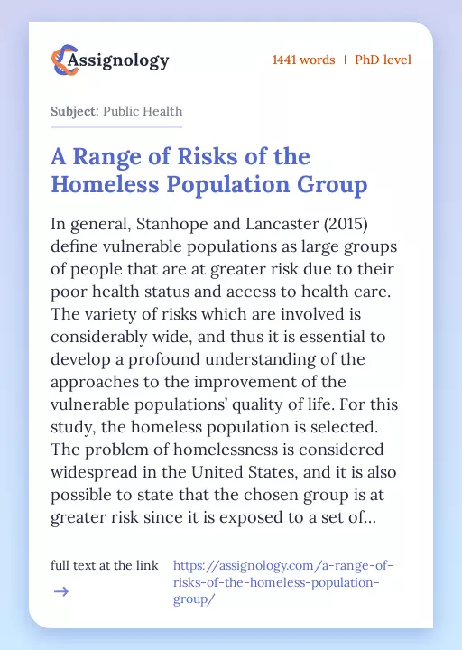 A Range of Risks of the Homeless Population Group - Essay Preview