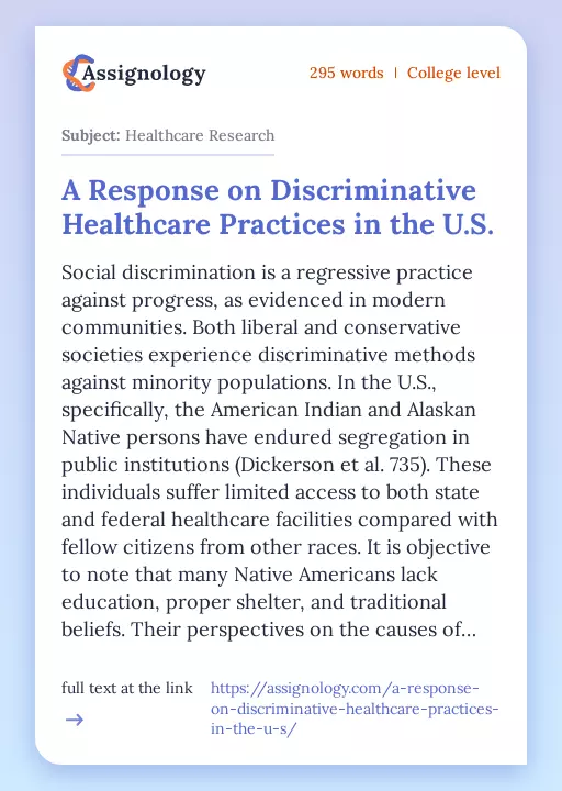 A Response on Discriminative Healthcare Practices in the U.S. - Essay Preview