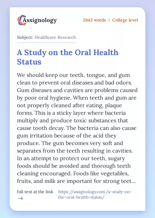 A Study on the Oral Health Status - Essay Preview