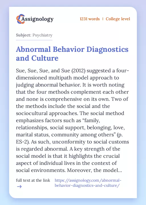 Abnormal Behavior Diagnostics and Culture - Essay Preview