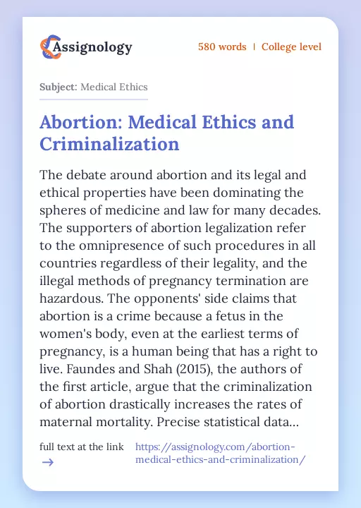 Abortion: Medical Ethics and Criminalization - Essay Preview