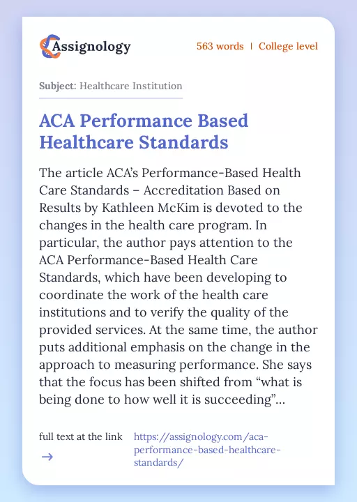 ACA Performance Based Healthcare Standards - Essay Preview