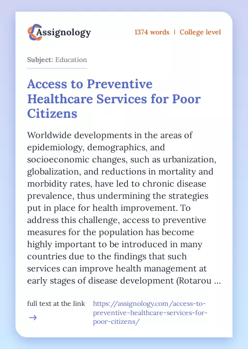 Access to Preventive Healthcare Services for Poor Citizens - Essay Preview