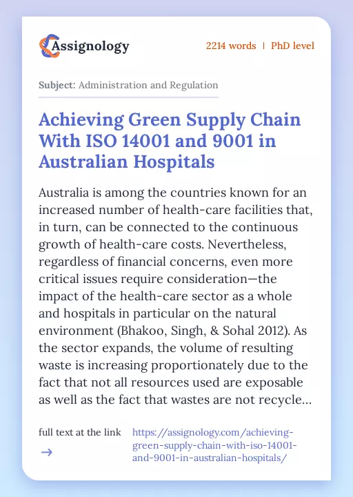 Achieving Green Supply Chain With ISO 14001 and 9001 in Australian Hospitals - Essay Preview