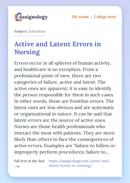 Active and Latent Errors in Nursing - Essay Preview