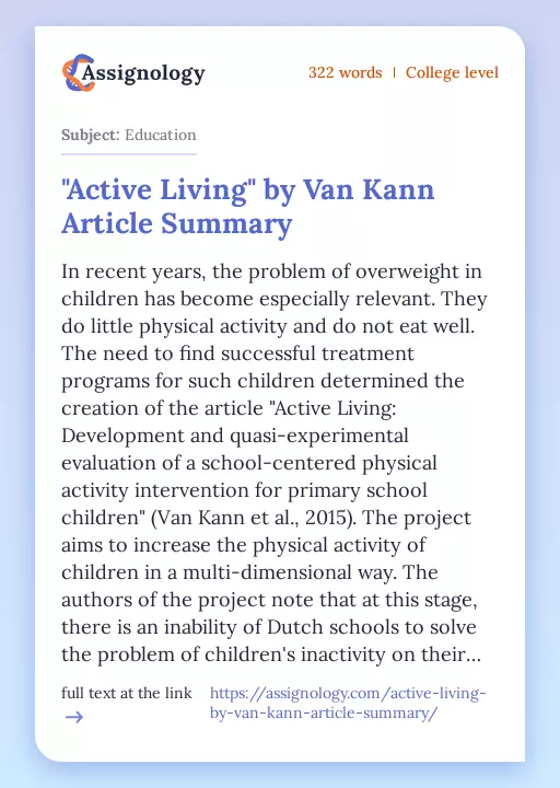 "Active Living" by Van Kann Article Summary - Essay Preview