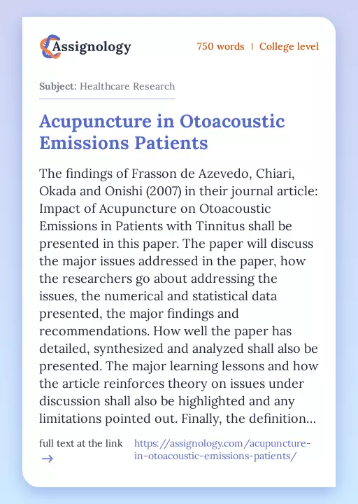 Acupuncture in Otoacoustic Emissions Patients - Essay Preview