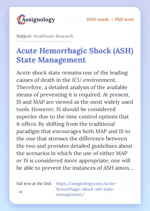 Acute Hemorrhagic Shock (ASH) State Management - Essay Preview