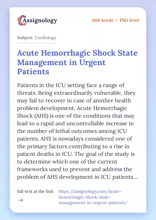 Acute Hemorrhagic Shock State Management in Urgent Patients - Essay Preview