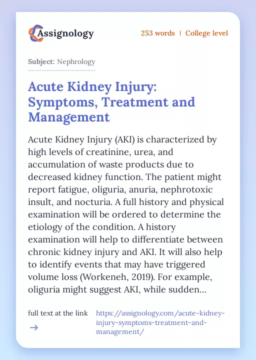 Acute Kidney Injury: Symptoms, Treatment and Management - Essay Preview