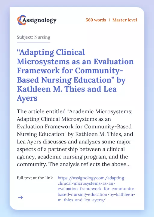 “Adapting Clinical Microsystems as an Evaluation Framework for Community-Based Nursing Education” by Kathleen M. Thies and Lea Ayers - Essay Preview