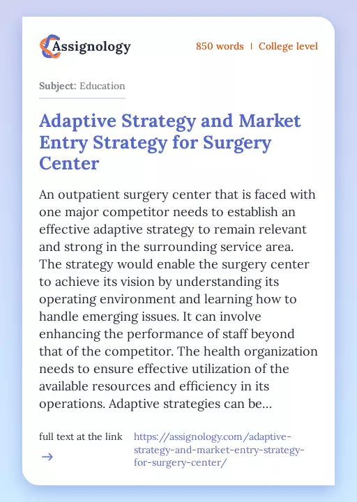 Adaptive Strategy and Market Entry Strategy for Surgery Center - Essay Preview