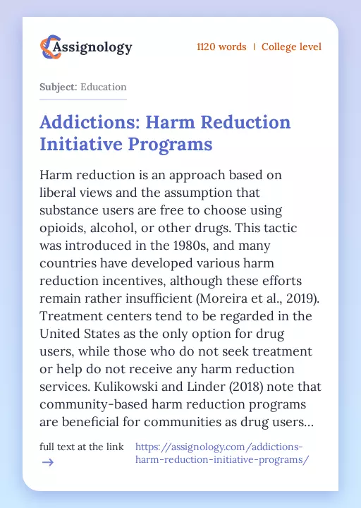 Addictions: Harm Reduction Initiative Programs - Essay Preview