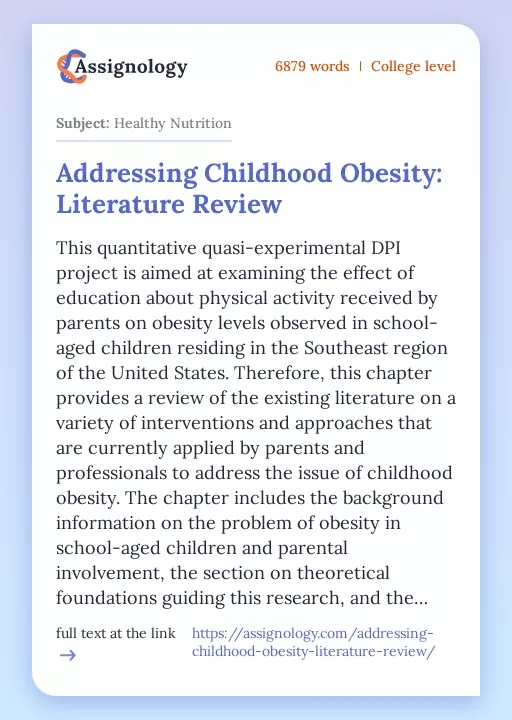 Addressing Childhood Obesity: Literature Review - Essay Preview