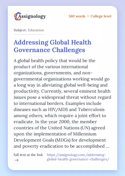 Addressing Global Health Governance Challenges - Essay Preview