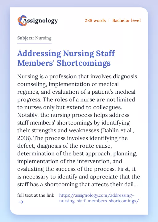Addressing Nursing Staff Members' Shortcomings - Essay Preview