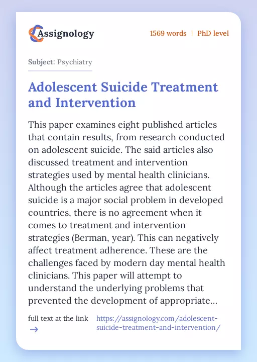 Adolescent Suicide Treatment and Intervention - Essay Preview
