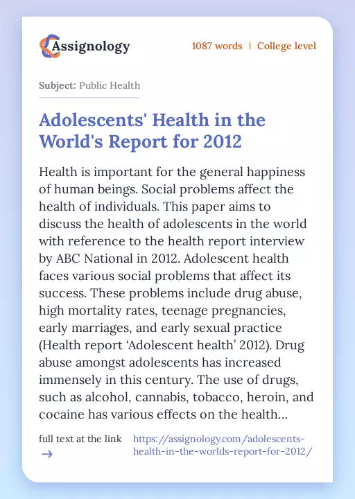Adolescents' Health in the World's Report for 2012 - Essay Preview