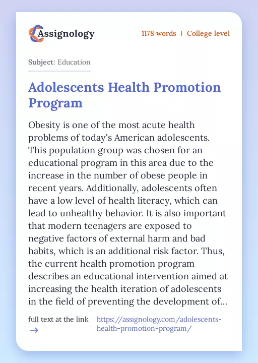 Adolescents Health Promotion Program - Essay Preview
