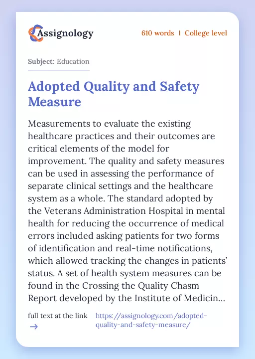Adopted Quality and Safety Measure - Essay Preview