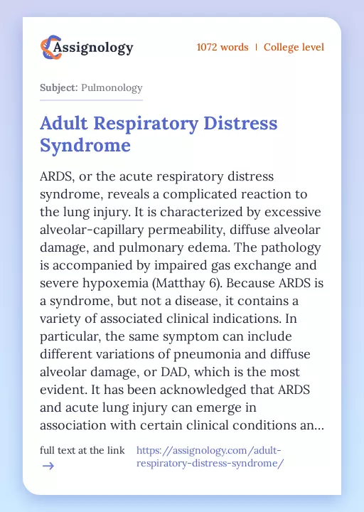 Adult Respiratory Distress Syndrome - Essay Preview