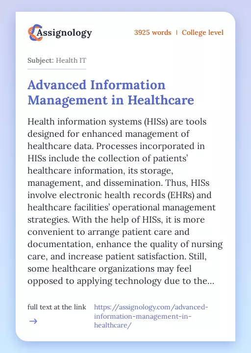 Advanced Information Management in Healthcare - Essay Preview
