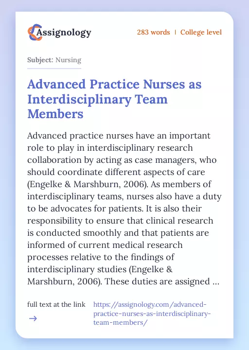 Advanced Practice Nurses as Interdisciplinary Team Members - Essay Preview