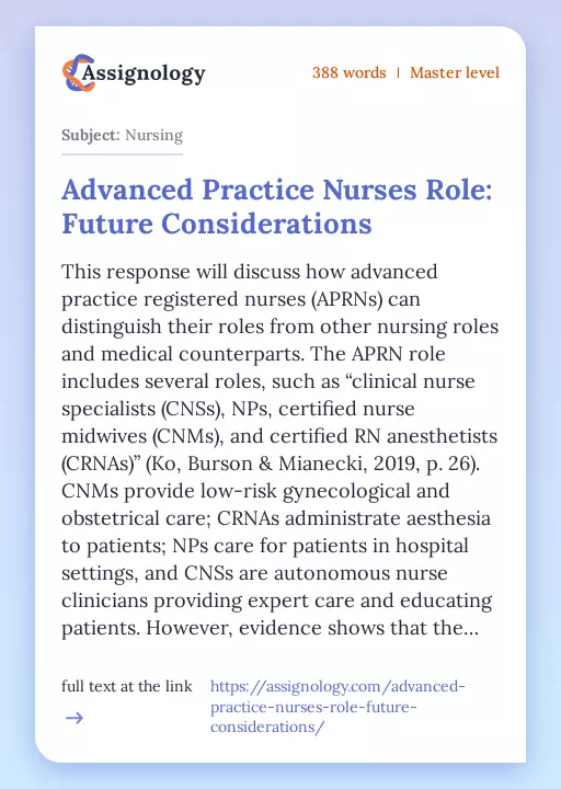 Advanced Practice Nurses Role: Future Considerations - Essay Preview
