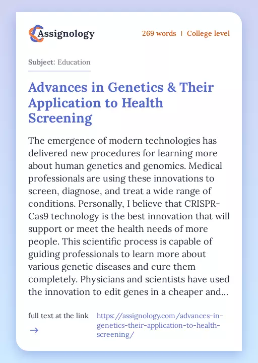 Advances in Genetics & Their Application to Health Screening - Essay Preview