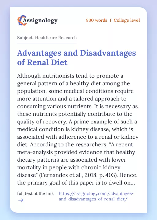 Advantages and Disadvantages of Renal Diet - Essay Preview