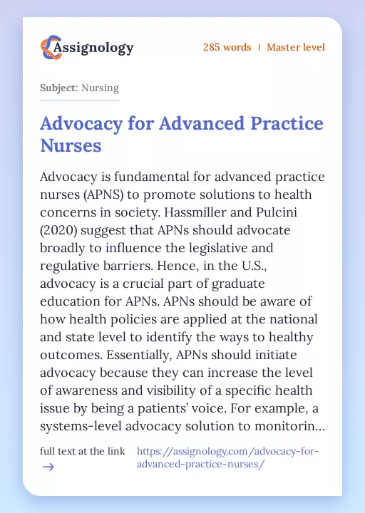 Advocacy for Advanced Practice Nurses - Essay Preview