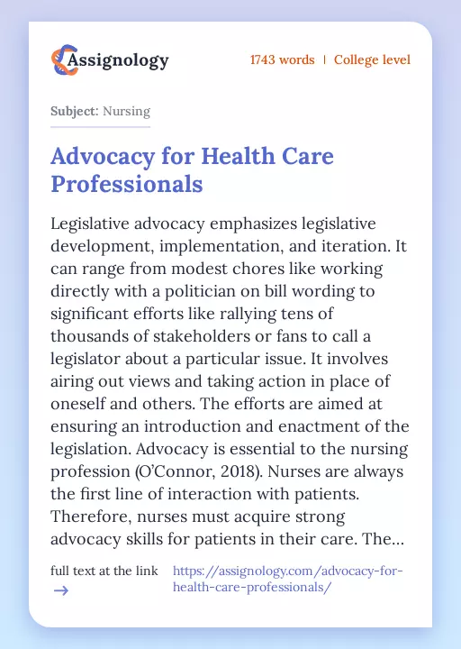 Advocacy for Health Care Professionals - Essay Preview