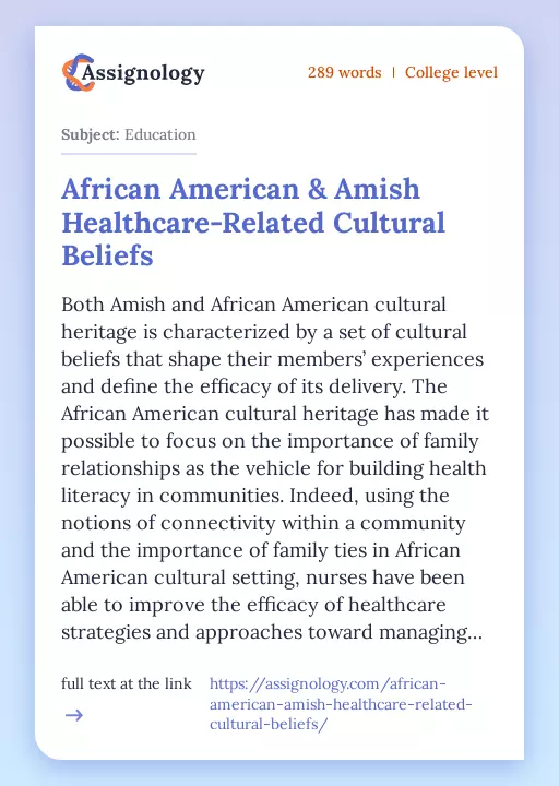 African American & Amish Healthcare-Related Cultural Beliefs - Essay Preview