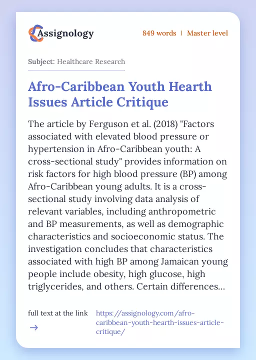 Afro-Caribbean Youth Hearth Issues Article Critique - Essay Preview