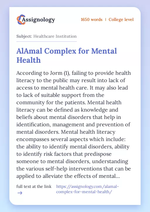 AlAmal Complex for Mental Health - Essay Preview