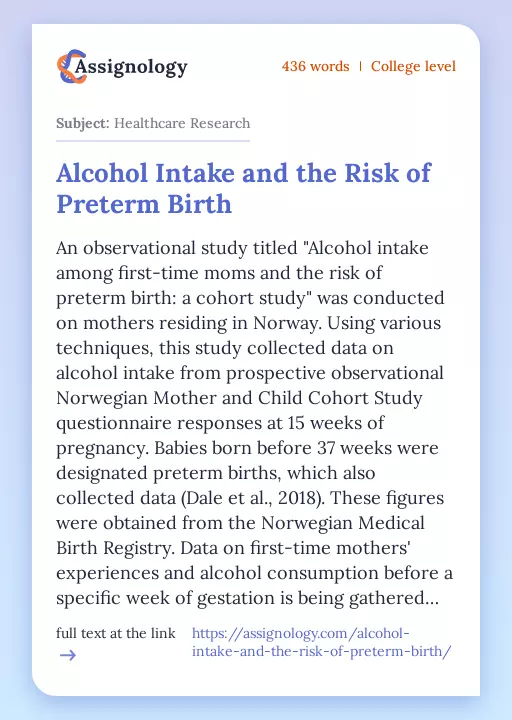 Alcohol Intake and the Risk of Preterm Birth - Essay Preview