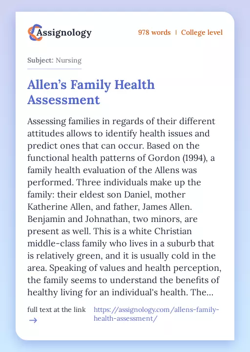 Allen’s Family Health Assessment - Essay Preview