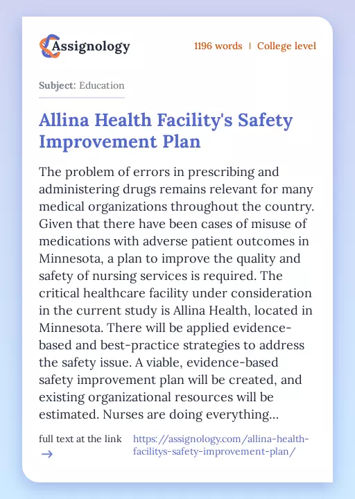 Allina Health Facility's Safety Improvement Plan - Essay Preview