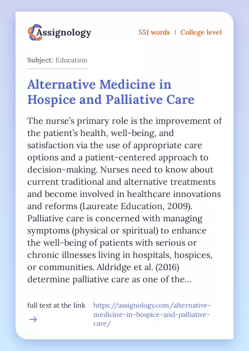 Alternative Medicine in Hospice and Palliative Care - Essay Preview