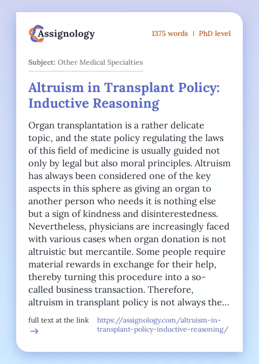 Altruism in Transplant Policy: Inductive Reasoning - Essay Preview