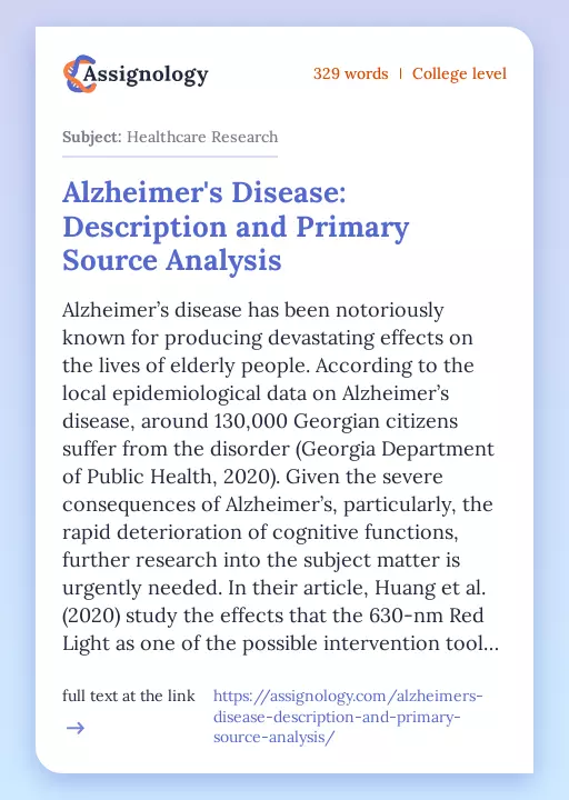 Alzheimer's Disease: Description and Primary Source Analysis - Essay Preview