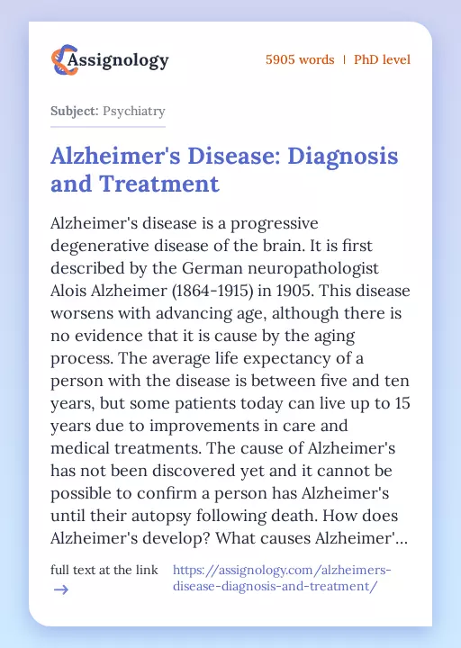 Alzheimer's Disease: Diagnosis and Treatment - Essay Preview